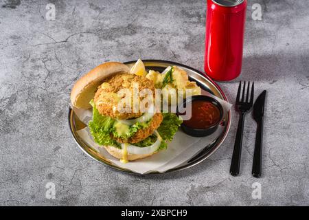 Doppio hamburger di pesce con insalata di patate su un piatto di metallo Foto Stock