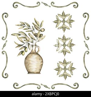 Piastrelle di acquerello con caraffa e illustrazione del ramo d'oliva, clipart per piastrelle Azulejos, composizione floreale Foto Stock