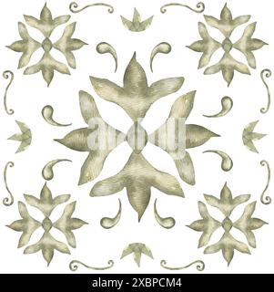 Piastrelle di acquerello con illustrazione a composizione ornamentale verde, clipart piastrelle di Azulejos, composizione floreale Foto Stock