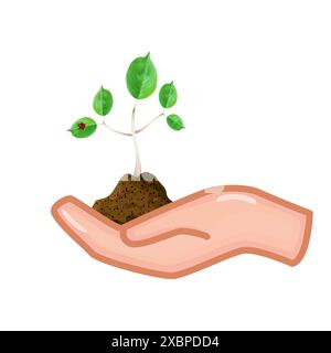 Mano che tiene la pianta verde. Mano umana che tiene un piccolo albero verde. Concetto di ecologia. Cura e sviluppo ambientale. Elemento per il design ecologico. Vettore Illustrazione Vettoriale