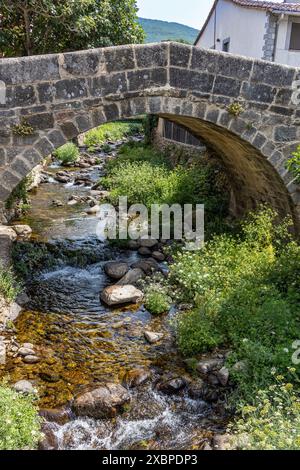 Puente de Cimero en la localidad de Tornavacas, en el valle del Jerte. De origen Medieval y permite el paso del Río Jerte. Cáceres, España Foto Stock