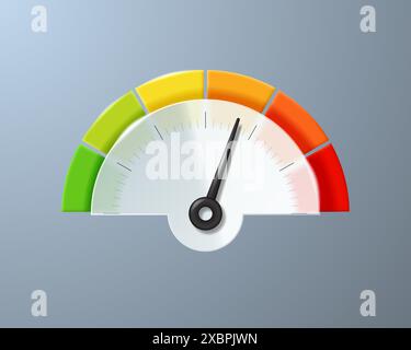 Cartello del tachimetro con scala di colore e freccia. Sensore o indicatore contatore. Diagramma di processo. Illustrazione vettoriale. Illustrazione Vettoriale