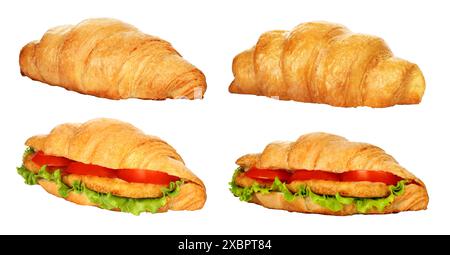 Set di grandi croissant e croissant freschi con verdure e carne di pollo, isolati su sfondo trasparente Foto Stock