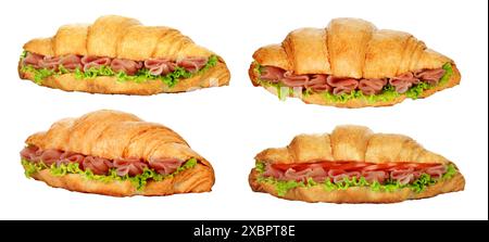 Set di grandi croissant con insalata verde e carne cruda, isolati su sfondo trasparente Foto Stock