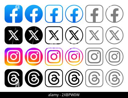 Kiev, Ucraina - 12 febbraio 2024: Set di icone popolari di social media e app mobili in diverse forme, come: Facebook, Twitter - X, Instagram e. Foto Stock