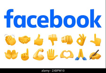 Kiev, Ucraina - 21 febbraio 2024: Set di Facebook Thumbs Up Emoji Reactions, social media Reactions concept, stampato su carta. Foto Stock