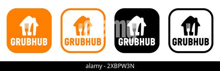 Kiev, Ucraina - 5 febbraio 2024: Set di icone dell'app mobile GrubHub, stampate su carta. GrubHub è un servizio online e mobile di ordinazione e consegna di cibi pronti Foto Stock