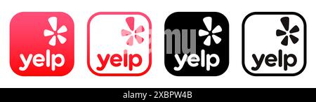 Kiev, Ucraina - 5 febbraio 2024: Set di icone dell'app mobile Yelp, stampate su carta. Yelp è un'app mobile, che pubblica recensioni su autobus da parte di una folla Foto Stock