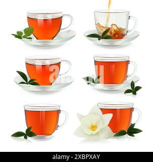Set di tazze di tè con foglie verdi su sfondo bianco, immagine vettoriale realistica in primo piano Illustrazione Vettoriale
