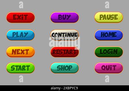 Set di pulsanti colorati per il gioco 2D. Illustrazione Vettoriale