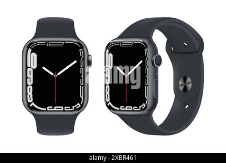 Kiev, Ucraina - 5 novembre 2021: Orologio da polso intelligente - Apple Watch serie 7, davanti e lateralmente, di colore nero ufficiale, su sfondo bianco. Illustrazione Vettoriale