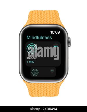 Kiev, Ucraina - 15 febbraio 2022: Apple Watch Series 7 con Mindfulness App sullo schermo, a colori ufficiali, su sfondo bianco. Realisti Illustrazione Vettoriale