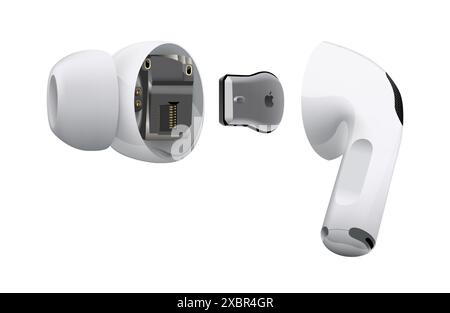 Kiev, Ucraina - 06 aprile 2022: Cuffie wireless bianche Apple AirPods Pro all'interno, su sfondo bianco. Illustrazione vettoriale realistica Illustrazione Vettoriale