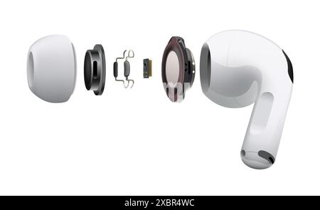 Kiev, Ucraina - 06 aprile 2022: Cuffie wireless bianche Apple AirPods Pro all'interno, su sfondo bianco. Illustrazione vettoriale realistica Illustrazione Vettoriale