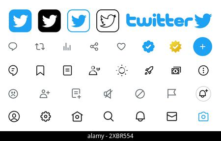 Kiev, Ucraina - 29 febbraio 2023: Set Twitter di icone e loghi dell'interfaccia dell'app mobile. Raccolta di modelli di interfaccia per social media. Modifica illustrativa Illustrazione Vettoriale