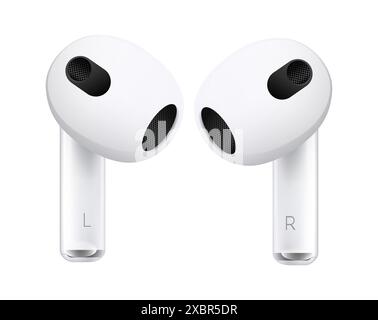 Kiev, Ucraina - 06 aprile 2022: Cuffie wireless bianche Apple AirPods serie 3, su sfondo bianco. Illustrazione vettoriale realistica Illustrazione Vettoriale