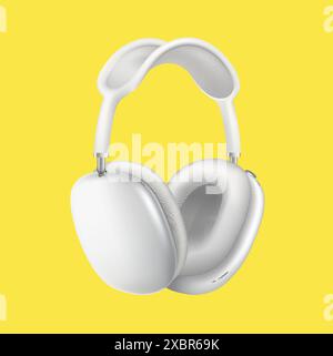 Kiev, Ucraina - 5 ottobre 2022: Cuffie wireless bianche Apple AirPods Max, su sfondo giallo. Illustrazione vettoriale realistica Illustrazione Vettoriale