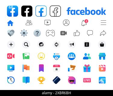 Kiev, Ucraina - 29 febbraio 2023: Set Facebook di icone e loghi dell'interfaccia dell'app mobile. Raccolta di modelli di interfaccia per social media. edi illustrativo Illustrazione Vettoriale