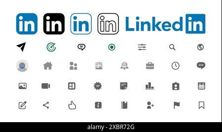 Kiev, Ucraina - 29 febbraio 2023: Set LinkedIn di icone e loghi dell'interfaccia dell'app mobile. Raccolta di modelli di interfaccia per social media. edi illustrativo Illustrazione Vettoriale