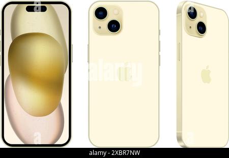 Set di telefoni cellulari Apple iPhone 15 giallo su lati diversi, su sfondo bianco, illustrazione vettoriale. IPhone 15 e iPhone 15 Plus sono smartpho Illustrazione Vettoriale