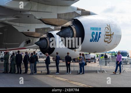 Il motore turbofan Rolls-Royce Trent 900 di un aereo di linea passeggeri più grande al mondo - Airbus A380-800. Emirates Airline. ILA Berlin Air Show 2024. Foto Stock