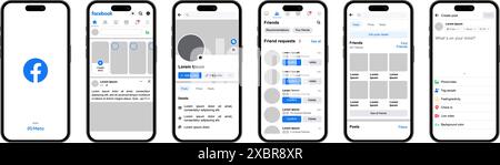 Set di smartphone iPhone 14 Pro con modelli di interfaccia utente Facebook su sfondo bianco, illustrazione vettoriale Illustrazione Vettoriale