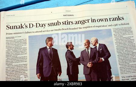 Tory PM Rishi "Sunak's D-Day Snub suscita rabbia nelle proprie file" titolo del quotidiano FTWeekend Financial Times 8 giugno 2024 Londra Inghilterra Regno Unito Foto Stock