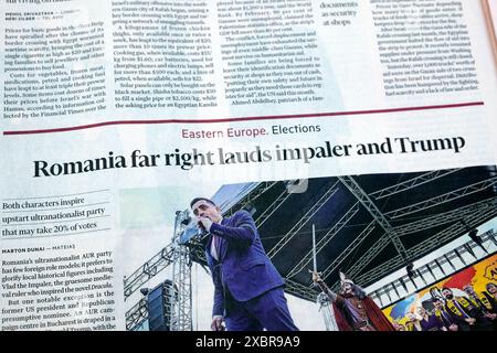 "Romania di estrema destra loda impaler e (Donald) Trump" titolo del quotidiano FTWeekend Financial Times FT 8 giugno 2024 Londra Inghilterra Regno Unito Foto Stock