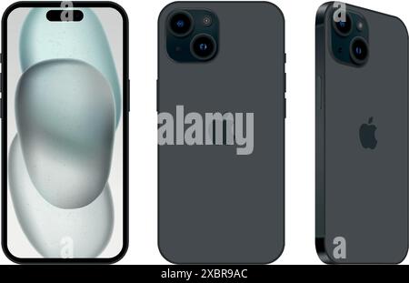 Set di telefono cellulare Apple iPhone 15 nero su lati diversi, su sfondo bianco, illustrazione vettoriale. IPhone 15 e iPhone 15 Plus sono smartphon Illustrazione Vettoriale