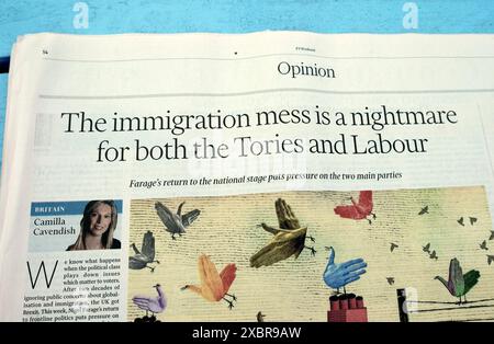 "Il disastro dell'immigrazione è un incubo sia per i conservatori che per i laburisti" titolo del quotidiano FTWeekend Financial Times FT 8 giugno 2024 Londra Inghilterra Regno Unito Foto Stock