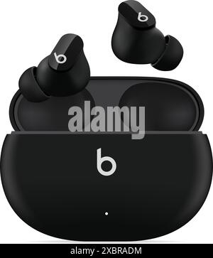 Auricolari Apple Beats Studio di colore nero, isolati su sfondo trasparente, illustrazione vettoriale. Gli auricolari Beats Studio sono auricolari wireless a cancellazione del rumore Illustrazione Vettoriale