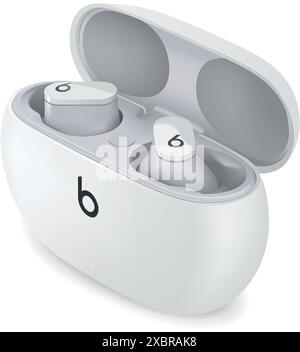 Auricolari Apple Beats Studio di colore bianco, isolati su sfondo trasparente, illustrazione vettoriale. Gli auricolari Beats Studio sono auricolari wireless a cancellazione del rumore Illustrazione Vettoriale