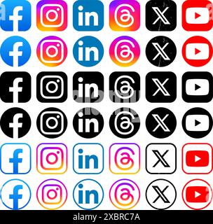 Set di icone popolari di social media e app mobili in diverse forme, come Facebook, Instagram, LinkedIn, thread, Twitter - X e YouTube. Vettore Illustrazione Vettoriale