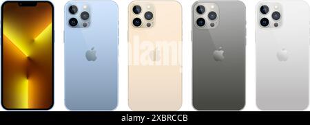 Set di smartphone Apple iPhone 13 Pro sul lato anteriore e posteriore, nei colori ufficiali, su sfondo trasparente. Illustrazione vettoriale realistica Illustrazione Vettoriale