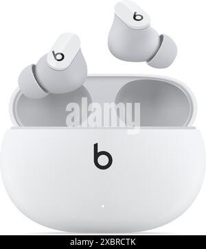 Auricolari Apple Beats Studio di colore bianco, isolati su sfondo trasparente, illustrazione vettoriale. Gli auricolari Beats Studio sono auricolari wireless a cancellazione del rumore Illustrazione Vettoriale