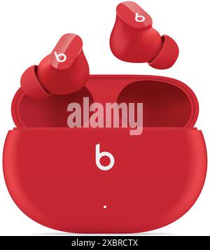 Auricolari Apple Beats Studio di colore rosso, isolati su sfondo trasparente, illustrazione vettoriale. Gli auricolari Beats Studio sono auricolari wireless a cancellazione del rumore Illustrazione Vettoriale