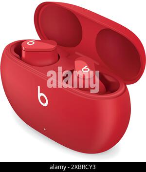 Auricolari Apple Beats Studio di colore rosso, isolati su sfondo trasparente, illustrazione vettoriale. Gli auricolari Beats Studio sono auricolari wireless a cancellazione del rumore Illustrazione Vettoriale