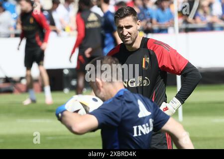 Freiberg, Germania. 13 giugno 2024. Il portiere belga Koen Casteels, nella foto, durante una sessione di allenamento della nazionale belga dei Red Devils, giovedì 13 giugno 2024, al campo base di Freiberg am Neckar, Germania, in preparazione dei Campionati europei di calcio UEFA Euro 2024. I Red Devils giocano nel gruppo F ai Campionati europei di Europa 2024 in Germania. BELGA PHOTO BRUNO FAHY credito: Belga News Agency/Alamy Live News Foto Stock