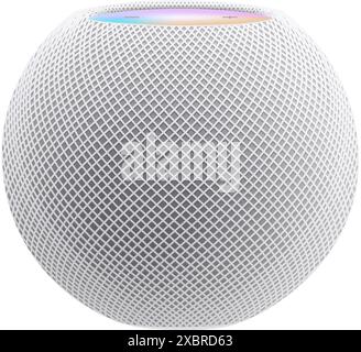 Apple HomePod colore bianco, isolato su sfondo bianco, illustrazione vettoriale. HomePod è un diffusore intelligente sviluppato da Apple Inc Illustrazione Vettoriale