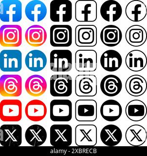 Set di icone popolari di social media e app mobili in diverse forme, come Facebook, Instagram, LinkedIn, thread, Twitter - X e YouTube. Vettore Illustrazione Vettoriale