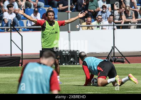 Freiberg, Germania. 13 giugno 2024. Il belga Lois Openda nella foto durante una sessione di allenamento della nazionale belga di calcio Red Devils, giovedì 13 giugno 2024 nel loro campo base a Freiberg am Neckar, in Germania, in preparazione dei Campionati europei di calcio UEFA Euro 2024. I Red Devils giocano nel gruppo F ai Campionati europei di Europa 2024 in Germania. BELGA PHOTO BRUNO FAHY credito: Belga News Agency/Alamy Live News Foto Stock