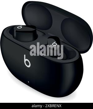 Auricolari Apple Beats Studio di colore nero, isolati su sfondo trasparente, illustrazione vettoriale. Gli auricolari Beats Studio sono auricolari wireless a cancellazione del rumore Illustrazione Vettoriale