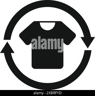 Simbolo nero di una maglietta con due frecce che formano un cerchio, promuovendo il riciclaggio dei tessuti e la riduzione dei rifiuti Illustrazione Vettoriale