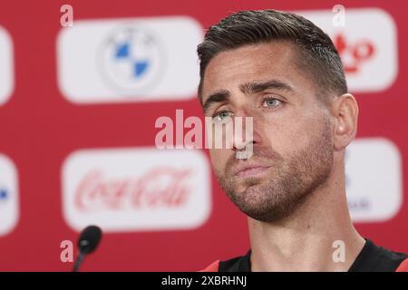 Freiberg, Germania. 13 giugno 2024. Il portiere belga Koen Casteels, nella foto, durante una conferenza stampa della nazionale belga di calcio Red Devils, giovedì 13 giugno 2024, nel campo base di Freiberg am Neckar, Germania, in preparazione dei Campionati europei di calcio UEFA Euro 2024. I Red Devils giocano nel gruppo F ai Campionati europei di Europa 2024 in Germania. BELGA PHOTO BRUNO FAHY credito: Belga News Agency/Alamy Live News Foto Stock