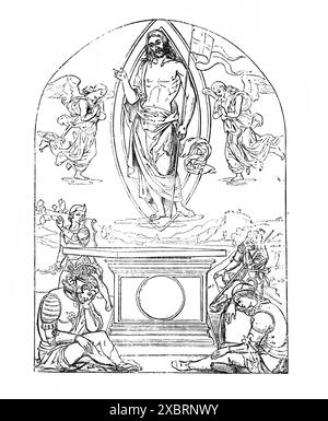 Incisione in legno della Resurrezione di Gesù Cristo dalla sua tomba dove dormono soldati romani Perugino, Vaticano in Antico illustratore ottocentesco Foto Stock