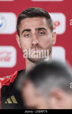 Freiberg, Germania. 13 giugno 2024. Il portiere belga Koen Casteels, nella foto, durante una conferenza stampa della nazionale belga di calcio Red Devils, giovedì 13 giugno 2024, nel campo base di Freiberg am Neckar, Germania, in preparazione dei Campionati europei di calcio UEFA Euro 2024. I Red Devils giocano nel gruppo F ai Campionati europei di Europa 2024 in Germania. BELGA PHOTO BRUNO FAHY credito: Belga News Agency/Alamy Live News Foto Stock