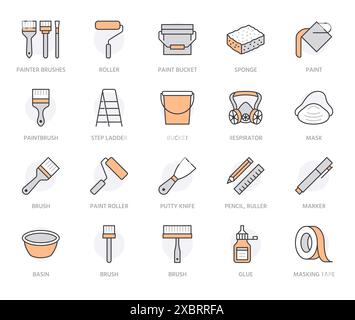 Set di icone delle linee piatte degli strumenti di pittura. Attrezzatura per il rinnovo della casa rullo pennello a scala nastro di mascheratura, illustrazioni vettoriali respiratori. Segni di contorno Illustrazione Vettoriale