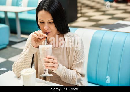 Una donna si gode un frullato cremoso in un ristorante, assaporando il momento con un sorriso sul viso. Foto Stock