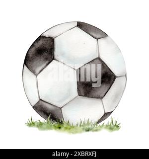 Pallone da calcio o da calcio su erba verde. Illustrazione isolata disegnata a mano in acquerello. Attrezzature sportive. Coppa del mondo in Germania. Per la squadra di calcio Foto Stock