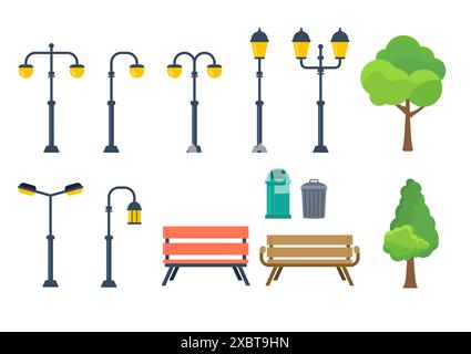 Set di elementi di parcheggio con lampioni stradali e banchi. Alberi, bidoni della spazzatura e vari mobili da parco. Illustrazione Vettoriale